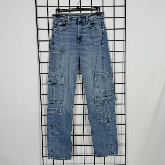 American Eagle Super High Rise Baggy Straight Jeans Womens 0 Reg Blue Cargo - Picture 1 of 14